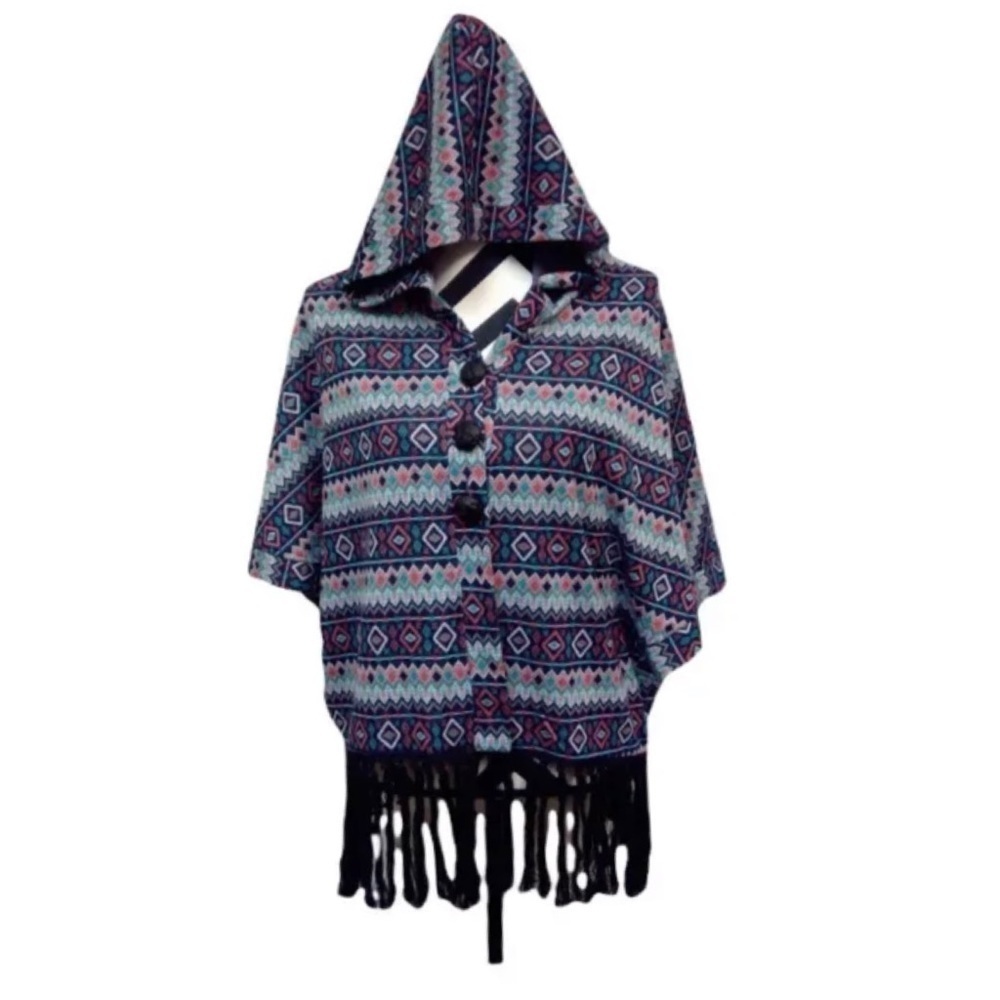 Women’s Aztec Tribal Print Hooded Poncho Fringe Cardigan Cape Small Bohemian